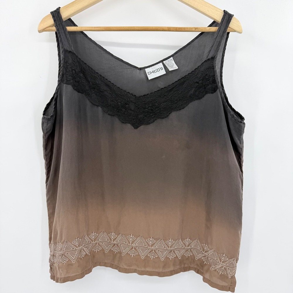 Chicos Silk Ombre Lace Trim Embroidered Hem Tank Top Black Brown Size 1 S